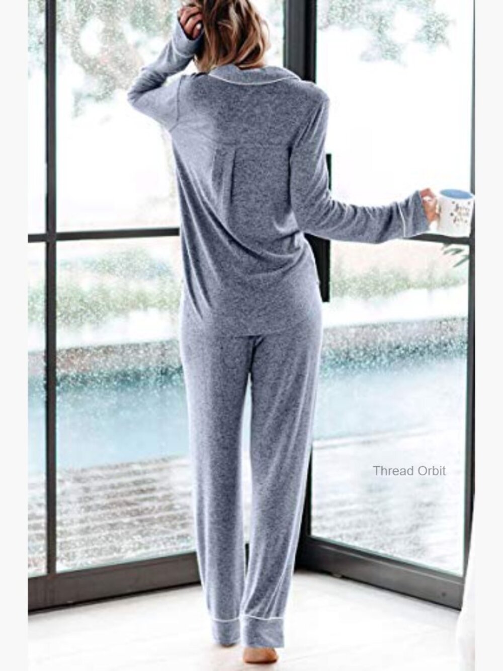 Two Piece Pajama Set Long Sleeve Button Down Sleepwear Lounge Soft - Picture 4 of 7